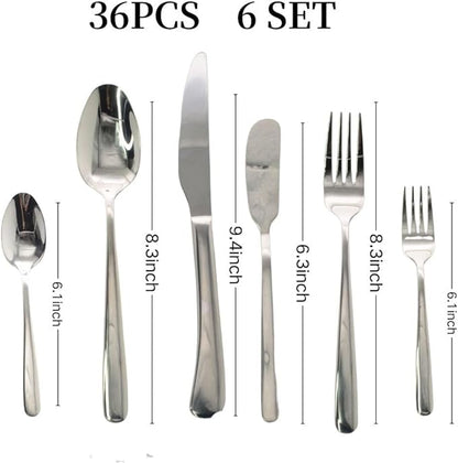 36 Piece Silverware Set with Placemat,MASALACO 6-Piece Stainless Steel Cutlery Set-Knife Fork Butter Knife and Spoon,Mirror Finish,Suitable for Home Restaurant Hotel Kitchen Utensils,Dishwasher Safe