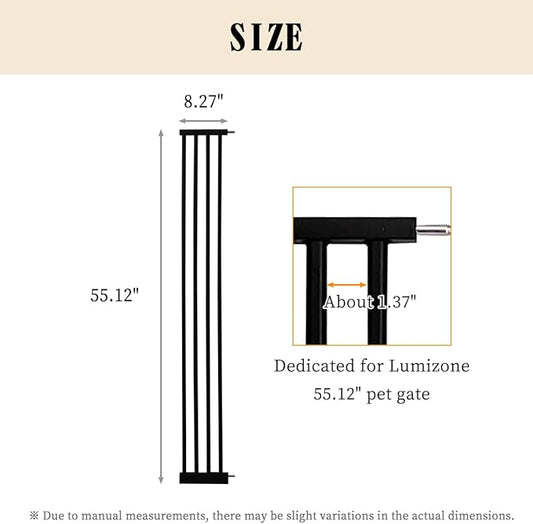 Lumizone Extra Tall Pet Gate 55.12" High Pressure Mounted 8.27" Wide Extension kit 1.37" Gap (8.27" W, Black)