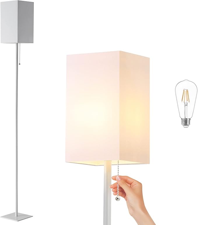 Floor Lamp for Living Room, Modern Standing Lamp Tall Lamp with Linen Shade, Simple Design Floor Lamp for Bedroom, Office, Kids Room, Reading, Working, White