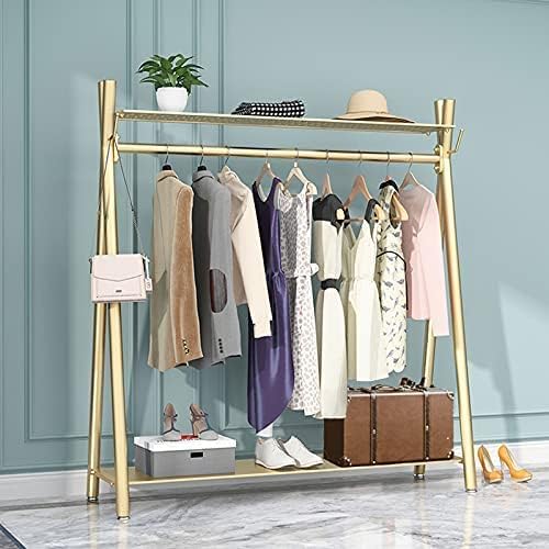 Clothes rack Gold, Freestanding Industrial Garment Rack with Double shelves Multi-functional Bedroom Hanging Clothing Rack,Heavy Duty Movable Coat Rack for Organizing Clothes and Shoes (39'' L)