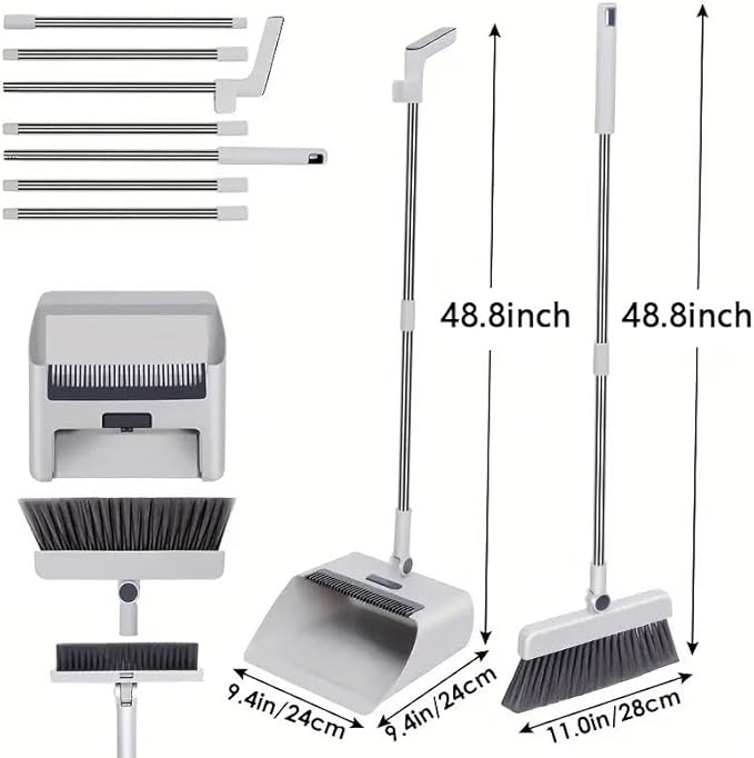 Broom with Dustpan Combo Set, 3 in 1 for Sweeping Indoor and Push Broom Outdoor with Dust Pan, 14.2 to 48.8 inch Adjustable Long Handle Broom and Dustpan Set (White)