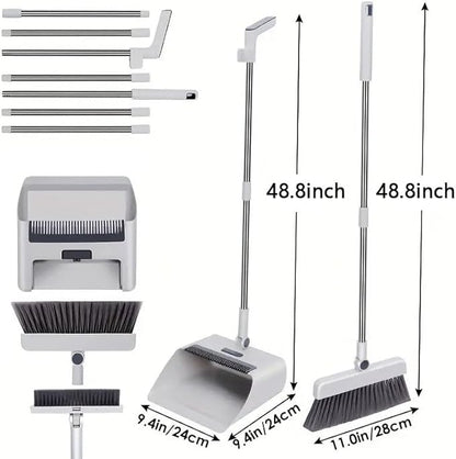 Broom with Dustpan Combo Set, 3 in 1 for Sweeping Indoor and Push Broom Outdoor with Dust Pan, 14.2 to 48.8 inch Adjustable Long Handle Broom and Dustpan Set (Light Grey)