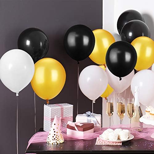TecUnite 100 Pcs Black Gold White Latex Balloons 13 Inch Colorful Round Balloons for Birthday, Wedding, Gold Theme Party Graduation Decorations