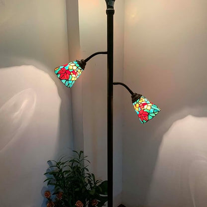 Bieye L10884 Maple Tree Leaves Tiffany Style Stained Glass Torchiere Floor Lamp with Sidelights for Reading Home Decor, 70-inches Tall (Maple Leaf, Red)