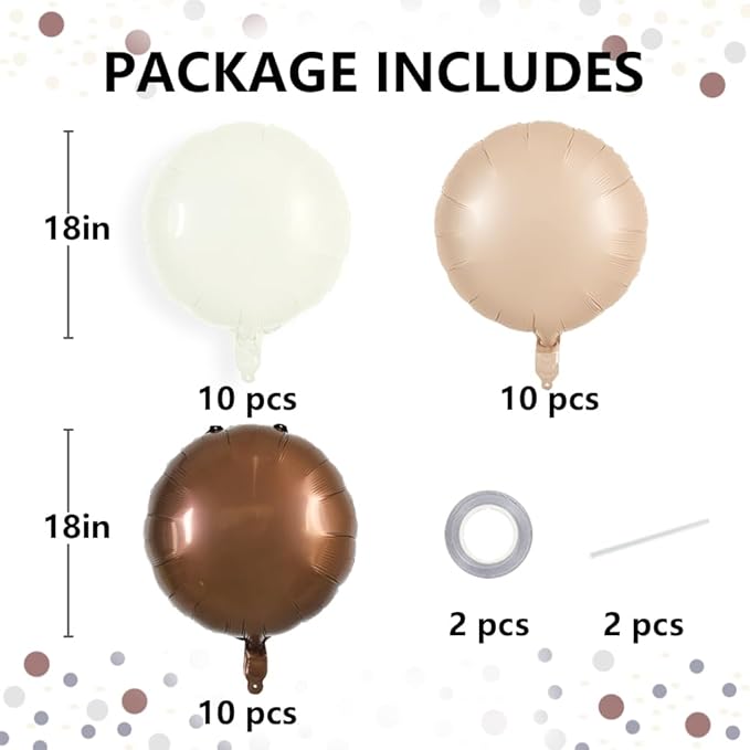 TONIFUL 30Pcs 18 Inch Large Cream White Round Shape Foil Balloons Big Brown Circle Helium Ballons for Thanksgiving Birthday Wedding Baby Shower Anniversary Engagement Party Decor Supplies