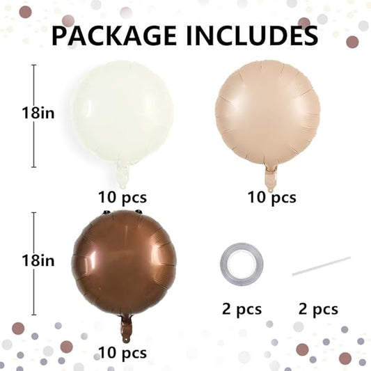 TONIFUL 30Pcs 18 Inch Large Cream White Round Shape Foil Balloons Big Brown Circle Helium Ballons for Thanksgiving Birthday Wedding Baby Shower Anniversary Engagement Party Decor Supplies