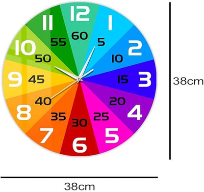 15 Inch Rainbow Color Wheel Telling Time Teaching Clock, Learn to Tell Time Educational Wall Clock Silent Non Ticking Battery Operated for School Classroom Kids Students Back to School Gifts