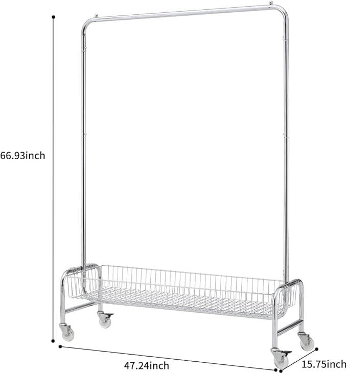 Garment Rack with Basket & Wheels, Rolling Clothes Rack for Hanging, Organizing, and Transporting Clothes at Home or Laundry Room