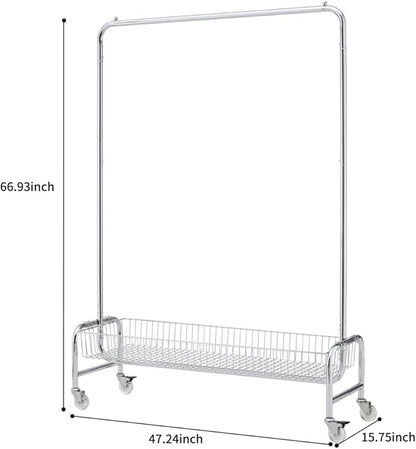Garment Rack with Basket & Wheels, Rolling Clothes Rack for Hanging, Organizing, and Transporting Clothes at Home or Laundry Room