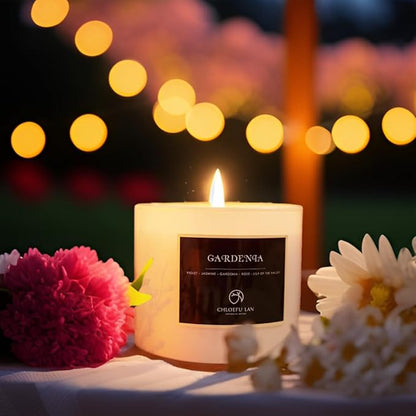 Chloefu LAN Premium Gardenia Scented Candle for Men & Women, Highly Scented, 7.1oz|45 Hour Long Lasting, All Natural Soy Candles, Home Decor, White Glass Jar Candle with Gift Box
