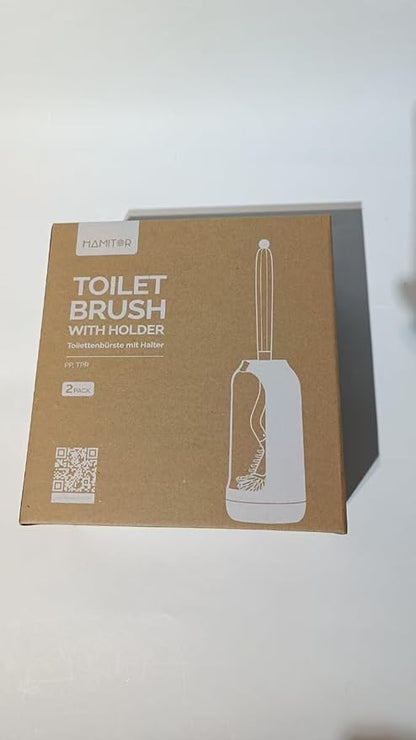 HAMITOR Toilet Bowl Brush Holder Set: Bathroom Deep Cleaning Toilet Cleaner Scrubber Under Rim with Curved Bristle for Dead Corner Clean - Hidden Rv Toilet Decorative Accessories with Caddy- White