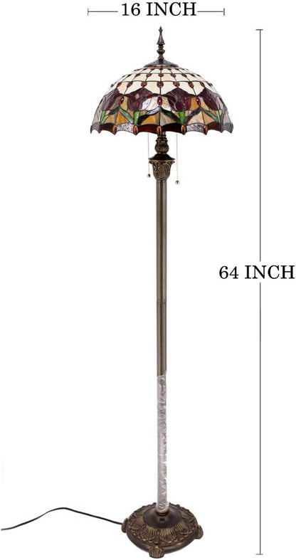 WERFACTORY Tiffany Floor Lamp Red Amber Tulip Flower Stained Glass Standing Reading Light 16X16X64 Inches Antique Pole Corner Lamp Decor Bedroom Living Room Home Office S030 Series