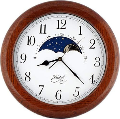 JUSTIME 14 Inch Exclusive Solid Oak Wood Non-Ticking Sweep Mechanical Specialty Moon Phase Moving Dial Wall Clock, Gift, Home Décor