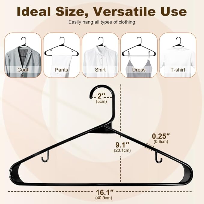 HOUSE DAY Black Plastic Hangers 10 Pack, Plastic Clothes Hangers with Built-in Hooks, Durable and Strong Coat Hanger for Closet, Space Saving Clothing Hanger for Shirts, Coats, Skirt, Dress