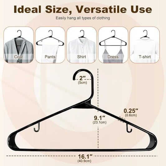 HOUSE DAY Black Plastic Hangers 100 Pack, Plastic Clothes Hangers with Built-in Hooks, Durable and Strong Coat Hangers for Closet, Space Saving Clothing Hanger for Shirts, Coats, Skirt, Dress