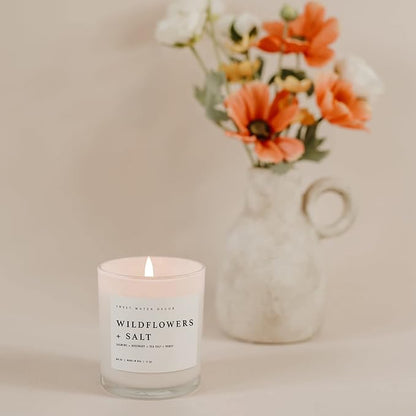 Sweet Water Decor Wildflowers and Salt Soy Candle - Jasmine, Rosemary, Sea Salt, and Honey Scented Spring Candle for Home - 11oz Jar Candle with Wood Lid, 50+ Hour Burn Time, Made in The USA