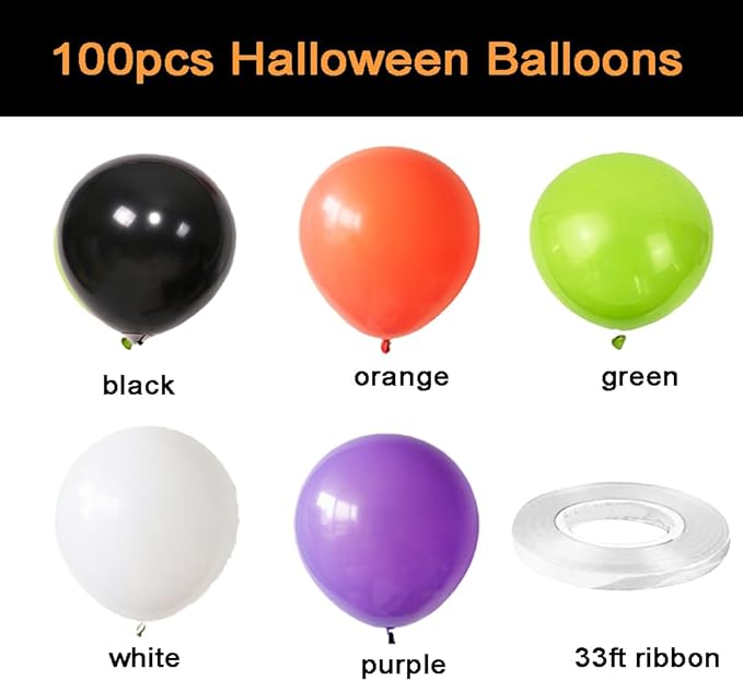Halloween Balloons w/Ribbon 100 Pack 12 Inch Black Orange White Purple Green Balloons for Halloween Party Decorations