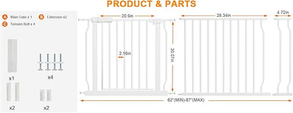 Extra Wide Baby Gate for Doorways Stairs Living Room Pressure Monuted Walk Through Safety Gate for Kids or Pets Dogs 62 Inch to 67 Inch Wide with Extensions