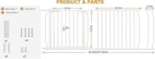 Extra Wide Baby Gate for Doorways Stairs Living Room Pressure Monuted Walk Through Safety Gate for Kids or Pets Dogs 62 Inch to 67 Inch Wide with Extensions