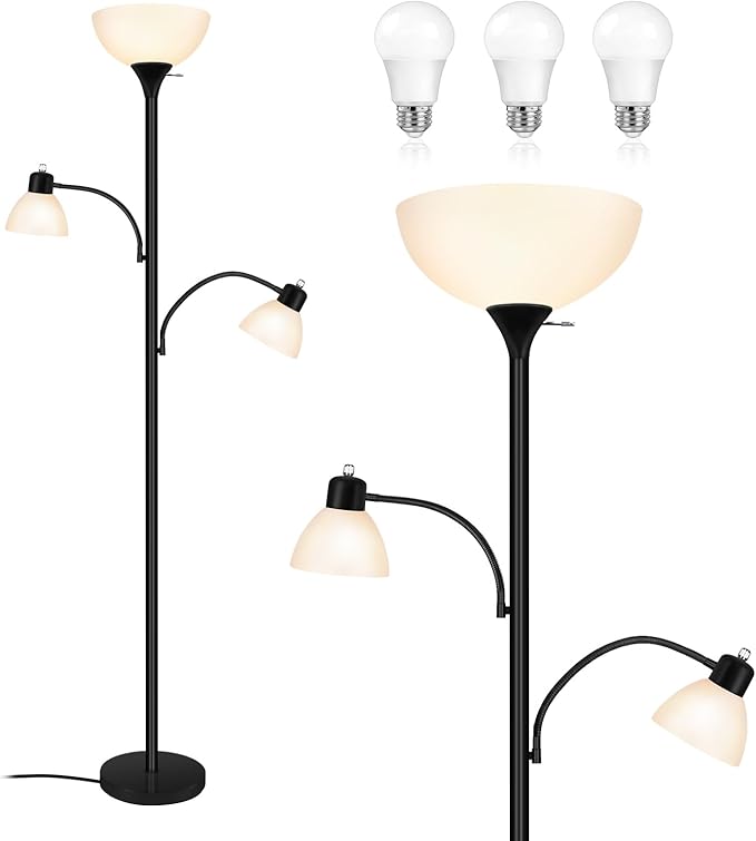 Luvkczc Floor Lamps for Living Room, 72" Tall Torchiere Floor Lamp with 8W Adjustable Reading Lights, Industrial Lamps for Living Room, Bedroom, Office, Black Tree Floor Lamp, 3 Bulbs Included