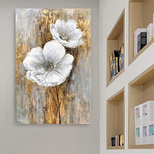 Yihui Arts White Floral Wall Pictures Vertical Lily Bouquet Flower Oil Painting Artwork for Living Room Bedroom Hallway Decor