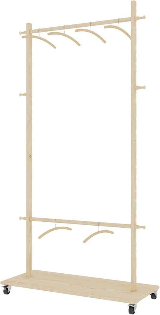 Solid Wood Coat Rack with 6 Hangers & Wheels, Freestanding Garment Rack with Shelf & 4 Hooks for Hanging Clothes, Heavy Duty Coat Stand for Hallway, Bedroom