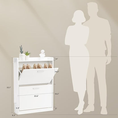 Shoe Cabinet Organizer with 2 Flip Drawers，Freestanding Shoe Rack Cabinet，Narrow Shoe Cabinet Storage for entryway，Foyer, Hallway, White, 23.6" W × 6.3" D × 33.1" H