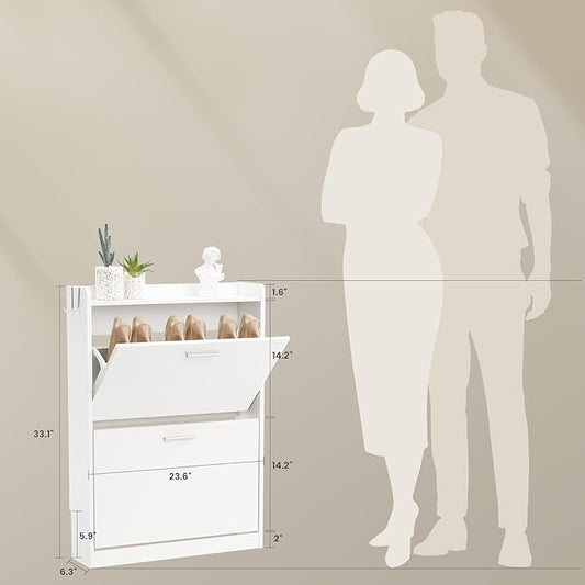 Shoe Cabinet Organizer with 2 Flip Drawers，Freestanding Shoe Rack Cabinet，Narrow Shoe Cabinet Storage for entryway，Foyer, Hallway, White, 23.6" W × 6.3" D × 33.1" H