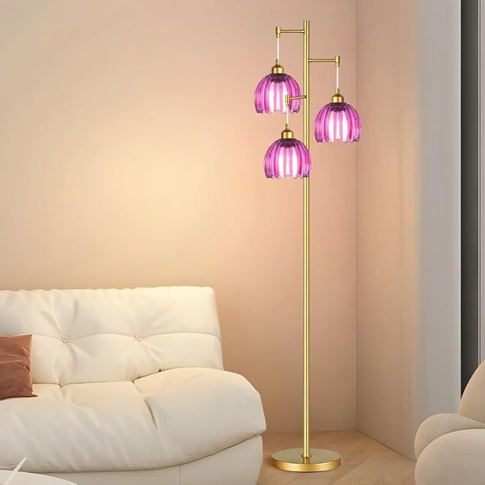 Gold Floor Lamps for Living Room Bedroom-3 Light Glass Floor Lamp with Three Led Bulb,Vintage Tall Lamp Mid Century Modern Standing Lamp Tree Floor Lamp for Bedroom Living Room,Office,Corner