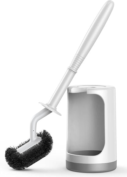 HAMITOR Toilet Bowl Brush Holder Set: Curved Design with Holder for Deep Cleaning Under Rim - Compact Hidden Scrubber for Small Space - Modern RV Bathroom Accessories - White