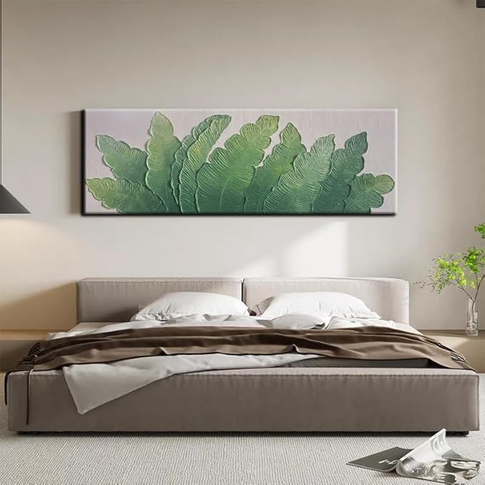 YaSheng Art - Thick Texture Modern minimalist 3D textured wall art Oil Paintings on Canvas Green plant paintings handmade Abstract artwork painting canvas wall art for bedroom Home Wall Art Deco Oil Painting Long size 24X60 Inch