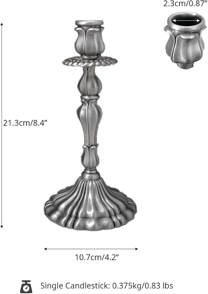 Taper Candle Holders, Vintage Embossed Candlesticks with Sleek Electroplated Finish, Modern Decorative Candle Holders for Dining Table, Party, Home Decor, Set of 2 (Antique Pewter)