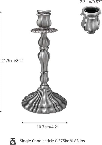 Taper Candle Holders, Vintage Embossed Candlesticks with Sleek Electroplated Finish, Modern Decorative Candle Holders for Dining Table, Party, Home Decor, Set of 2 (Antique Pewter)