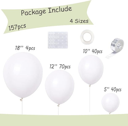 154pcs White Balloons Different Sizes 5/10/12/18 Inch Balloon Garland Kit,White Balloons for Balloon arch Birthday Weddings Anniversary Graduation Party Decorations