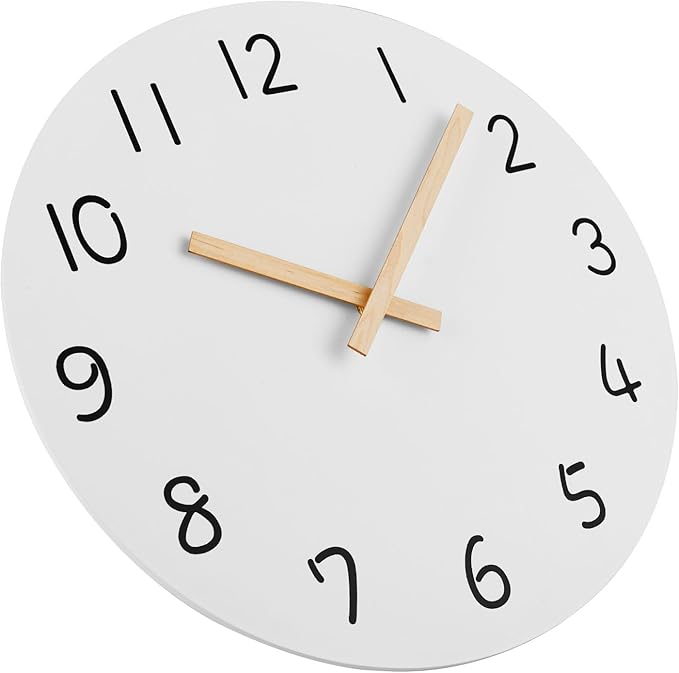 Plumeet 10'' Wooden Wall Clock Small Frameless Clocks with Silent Quartz Movement - Modern Style Village Wall Clocks Decorative Home Kitchen - Battery Operated (White)