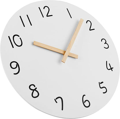 Plumeet 10'' Wooden Wall Clock Small Frameless Clocks with Silent Quartz Movement - Modern Style Village Wall Clocks Decorative Home Kitchen - Battery Operated (White)