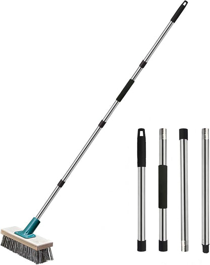 Push Broom Brush Stainless Steel Wire Scrub Brush with Long Handle for Moss, Tough Stains on Deck, Grout, Garage, Patio