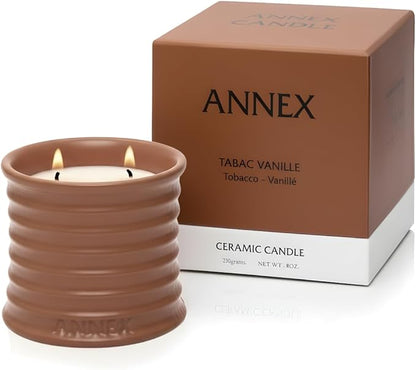 Annex Tobacco, Vanilla & Amber Luxury Scented Candle - Handmade Ceramic Jar - 50hr Clean Burn, Non-Toxic Soy Wax - Aesthetic Home Decor Winter Gift for Men & Women - Oud & Sandalwood