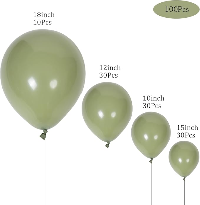 100pcs Sage Green Balloons 18 inch +12 inch +10 inch +5 inch Party Eucalyptus Olive Green Birthday Balloon Baby Shower Wedding Balloons