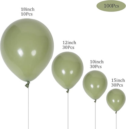 100pcs Sage Green Balloons 18 inch +12 inch +10 inch +5 inch Party Eucalyptus Olive Green Birthday Balloon Baby Shower Wedding Balloons