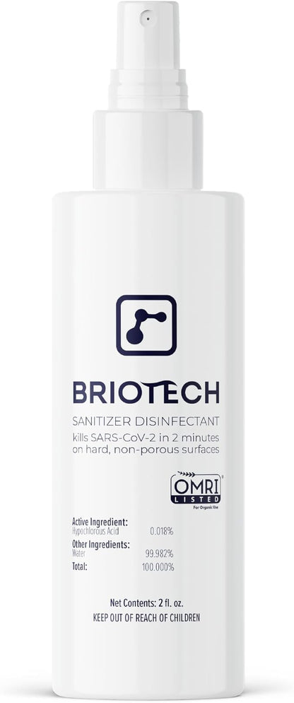BRIOTECH Sanitizer Disinfectant Hypochlorous Spray, Kill 99.99% of Viruses & Bacteria, Control Mold, Eliminate Odor, Gentle for Nurseries, Food Contact Surface Sanitizer, 2 fl oz Travel Size
