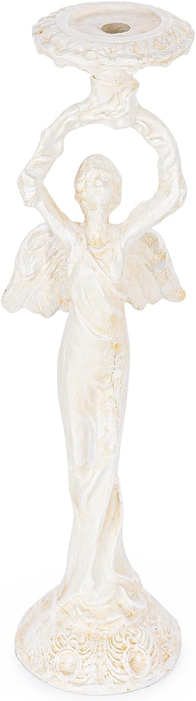 Sungmor Vintage Cast Iron Angel Candlestick Holder – 22.6” Antique Gothic Candle Stand for Home Decor, Taper & Pillar Candles, Distressed White Decorative Centerpiece
