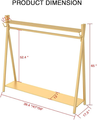 MAIKAILUN Freestanding Industrial Gold Clothes Rack with Double Shelves, Heavy Duty Movable Coat Rack for Organizing Clothes and Shoes (47'' L)