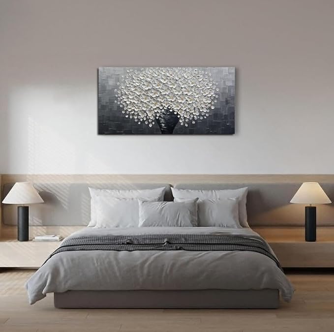 YaSheng Art - White Flower Oil Painting on Canvas 3D Thick Texture Black and White Floral Vase Canvas Wall Art Modern Abstract Art Home Bedroom, Dining Room, Living Room, Office Wall Decor 24x48inch