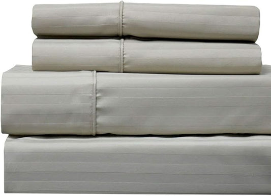 Royal Hotel Bedding 620-Thread-Count Sheet Set, Wrinkle-Free Cotton-Blend Sheets, Sateen Striped, Extra-Deep-Pocket, King Size, Beige