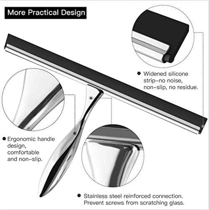 peafowl 12 inch Shower Squeegee Stainless Steel Bath Squeegee for Shower Glass Doors Bathroom Windows Kitchen Mirror and Car Glass with Hooks Holder (12 inch, Silver)