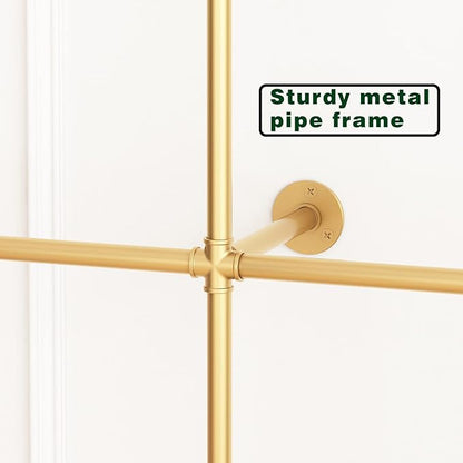 BOSURU Industrial Pipe Clothing Rack Wall Mounted,Clothes Racks with Double Hanging Rods for Closet Storage(Gold)