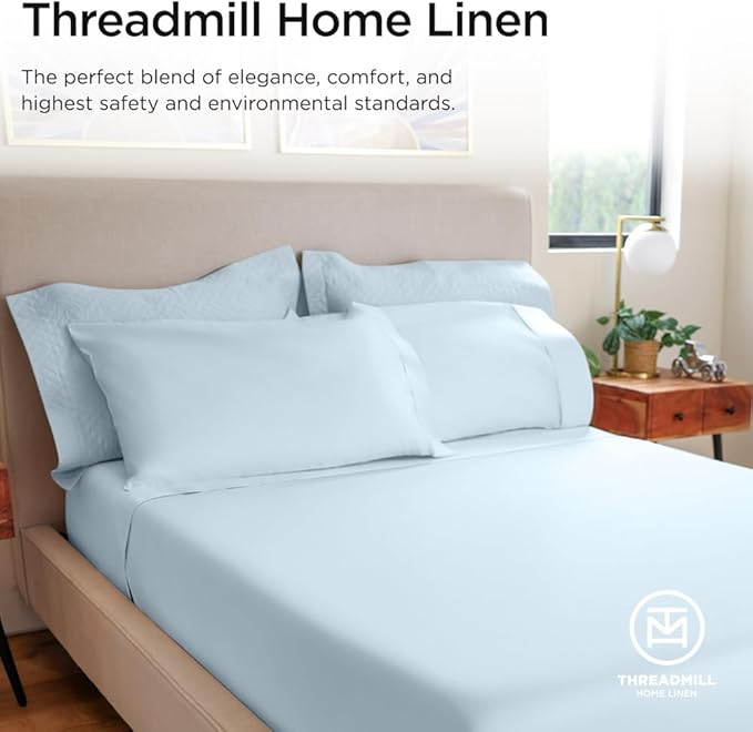 Threadmill 100% Cotton Sheets for Twin XL Size Bed - 600 Thread Count Twin XL Bed Sheets Set with 15” Deep Pocket - Sateen Weave 3-Piece Bedding Set with Cooling Effect, Blue