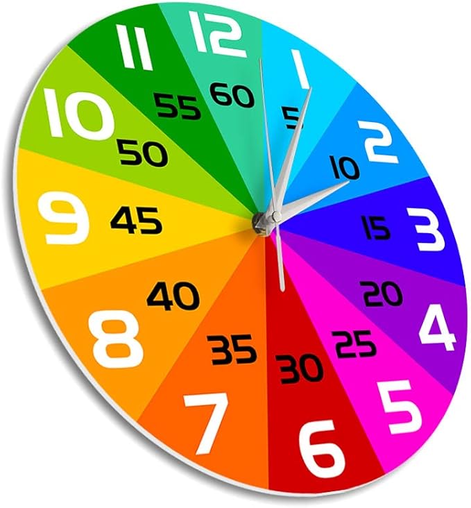 15 Inch Rainbow Color Wheel Telling Time Teaching Clock, Learn to Tell Time Educational Wall Clock Silent Non Ticking Battery Operated for School Classroom Kids Students Back to School Gifts