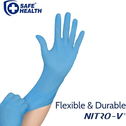Safe Health NITRO-V Nitrile-Vinyl Synthetic Exam Disposable Gloves, Latex Free, Powder Free, Blue, Case of 1000, Large, Medical Grade, Clinic, Nursing, Food, Hair Salon, Cleaning, Housework